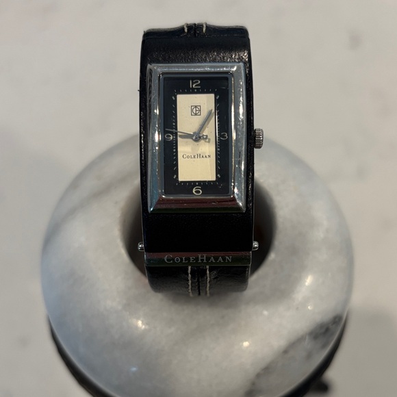 Vintage Cole Haan Black Leather Cuff Bracelet Watch - very good used condition! main image 12
